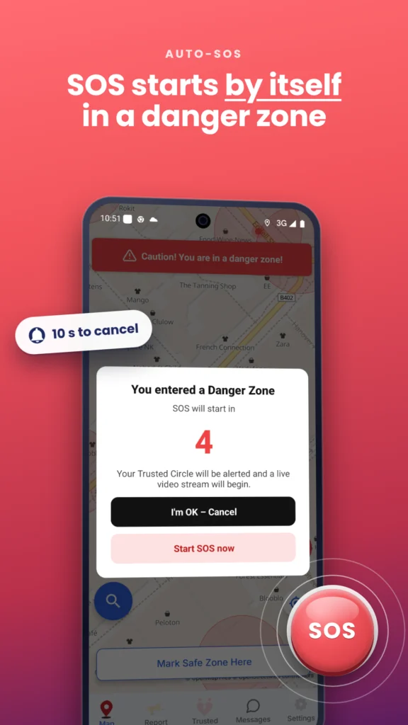 Auto-SOS countdown in Safety App UK after entering a danger zone, with a 10 second cancel window