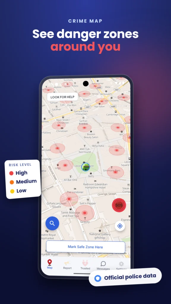 Safety App UK crime map showing high, medium and low risk danger zones around you