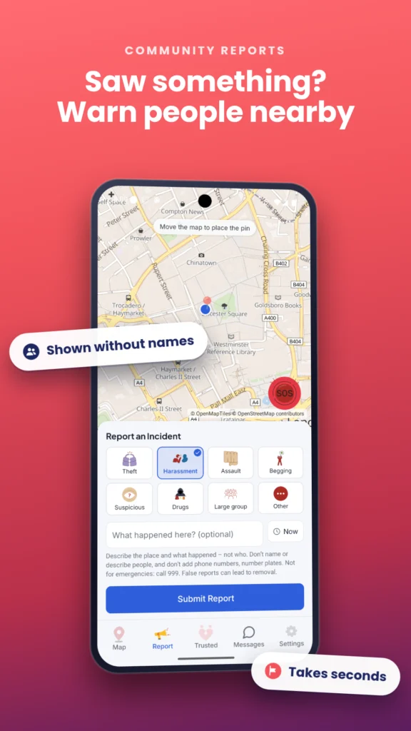 Reporting an incident in Safety App UK to warn people nearby, shown without names