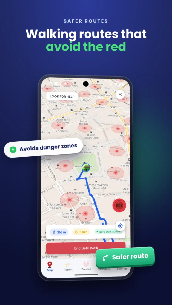 Safer walking route in Safety App UK that avoids danger zones