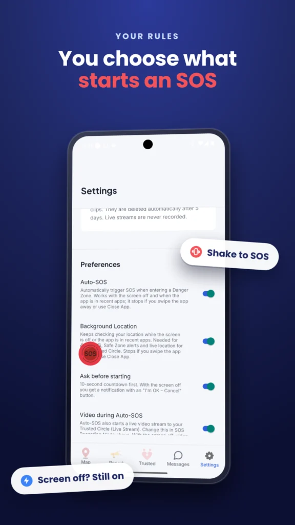 Safety App UK settings where you choose what starts an SOS, including Auto-SOS and shake to SOS