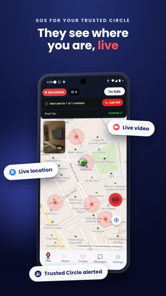 SOS screen with live location and live video sent to the Trusted Circle